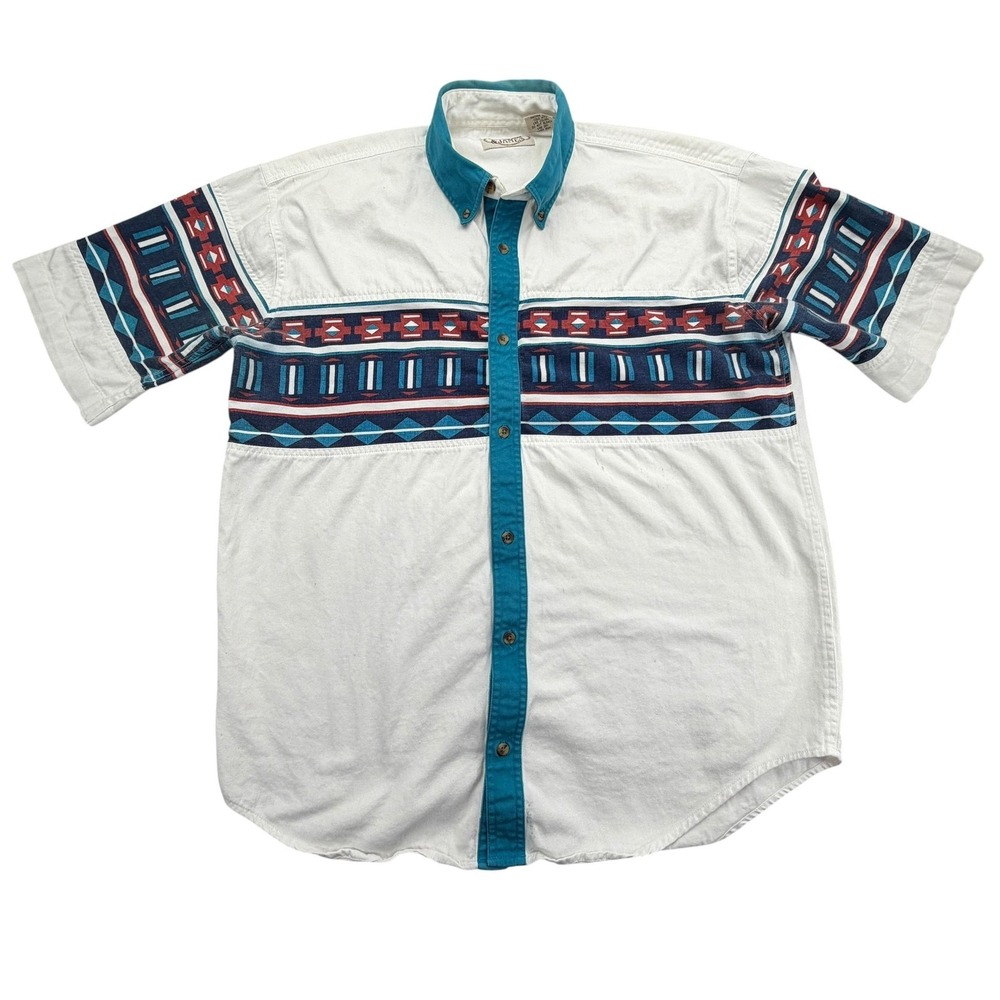 Gordon & James Shirt Mens L White Aztec Short Sleeve Button Up Vintage STAIN